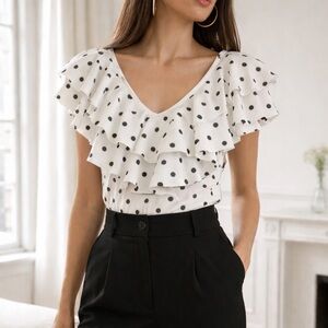 Designer Polka Dot Ruffle Sculptural Blouse ✨